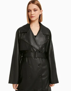 Abrigo trench efecto piel-BERSHKA Discount