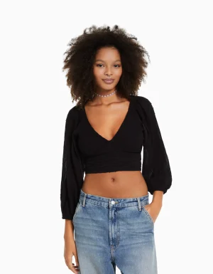 Blusa manga larga volumen cuello pico-BERSHKA Discount