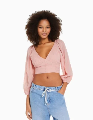 Blusa manga larga volumen cuello pico-BERSHKA Online