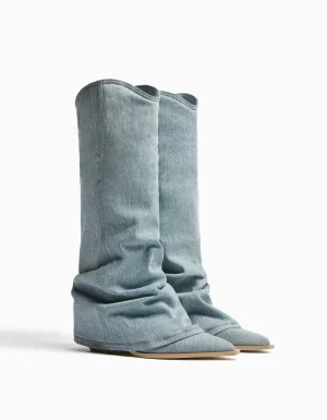 Botas tacón cowboy denim-BERSHKA Hot