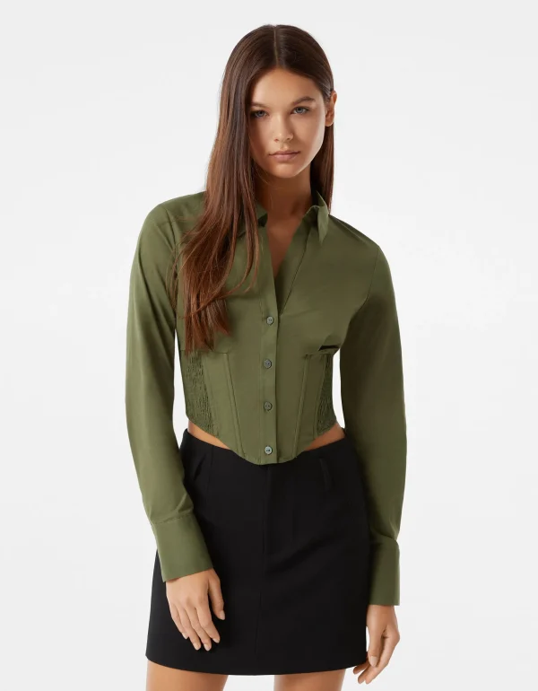 Camisa corsé manga larga ajustada popelín-BERSHKA Online