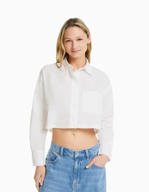Camisa manga larga cropped popelín-BERSHKA Shop