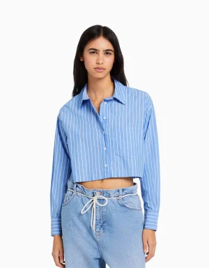 Camisa manga larga cropped popelín-BERSHKA Best Sale