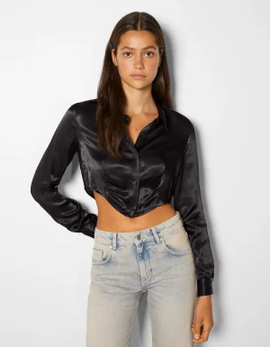 Camisa manga larga cropped satinada ajustada-BERSHKA Cheap