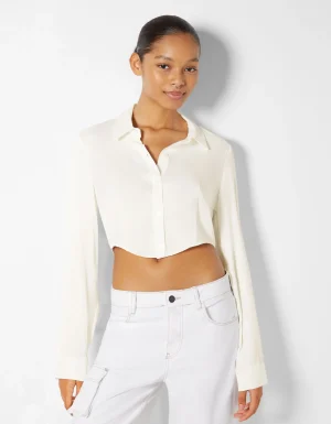 Camisa manga larga cropped satinada ajustada-BERSHKA Cheap