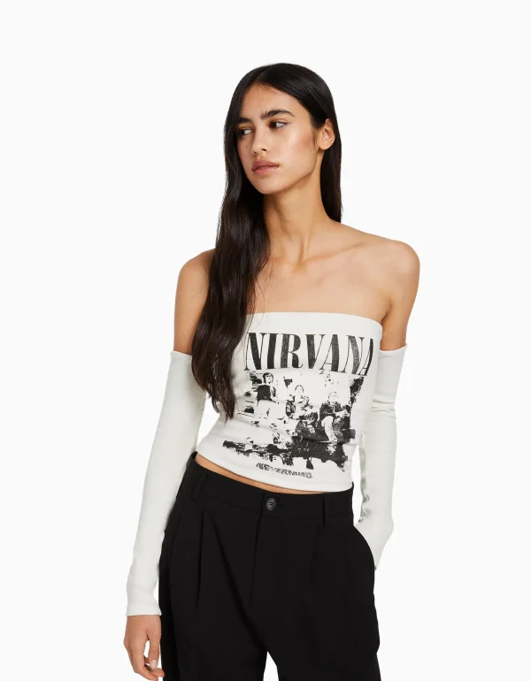 Camiseta bandeau manga larga print Nirvana-BERSHKA Outlet