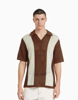 Camiseta manga corta cuello polo punto rayas-BERSHKA Flash Sale