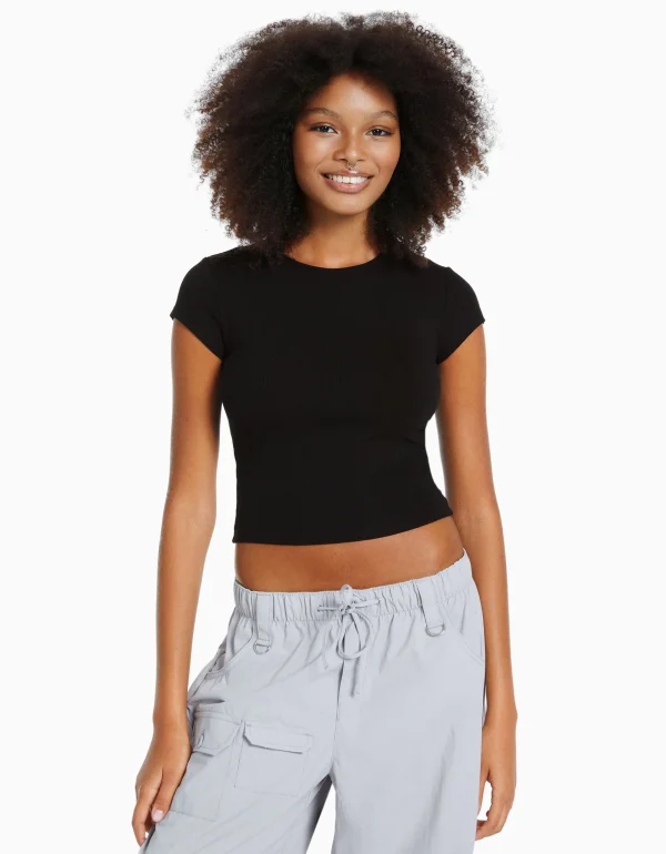 Camiseta manga corta rib-BERSHKA Cheap