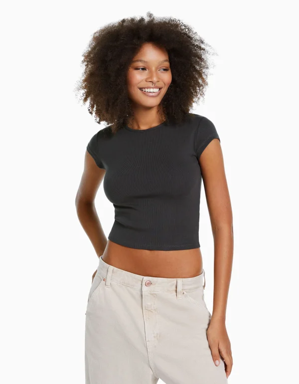 Camiseta manga corta rib-BERSHKA New