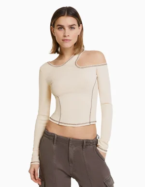 Camiseta manga larga ajustada hilo contraste-BERSHKA New