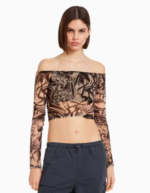 Camiseta manga larga bardot tul-BERSHKA Store