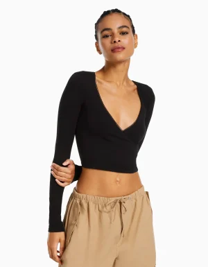Camiseta manga larga cruzada-BERSHKA Cheap