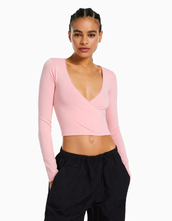 Camiseta manga larga cruzada-BERSHKA New