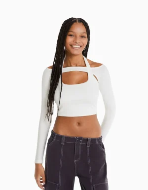 Camiseta manga larga detalle cuello-BERSHKA Cheap