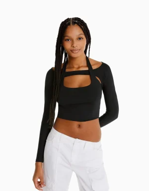 Camiseta manga larga detalle cuello-BERSHKA Discount