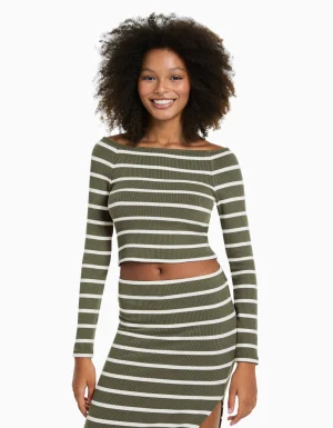 Camiseta manga larga escote barco rayas-BERSHKA Best Sale