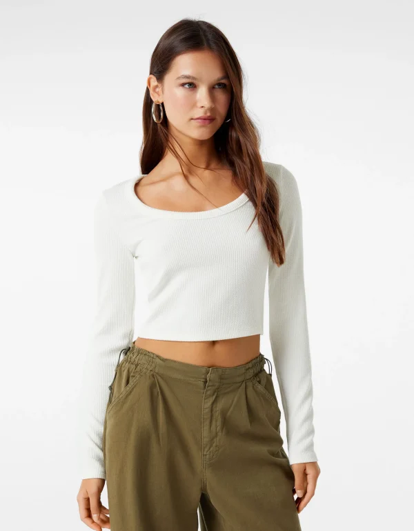 Camiseta manga larga rib textura-BERSHKA New