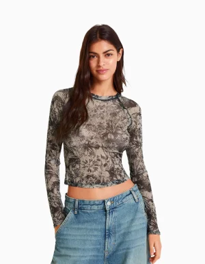 Camiseta manga larga tul ranglan-BERSHKA Discount