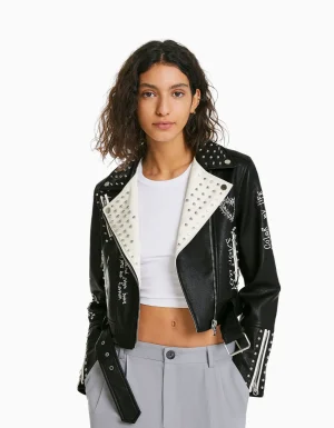 Cazadora biker efecto piel tachas-BERSHKA Outlet