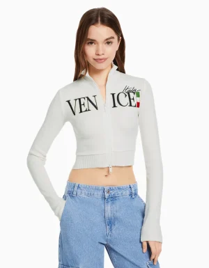Cárdigan manga larga bordado cremallera-BERSHKA Best Sale