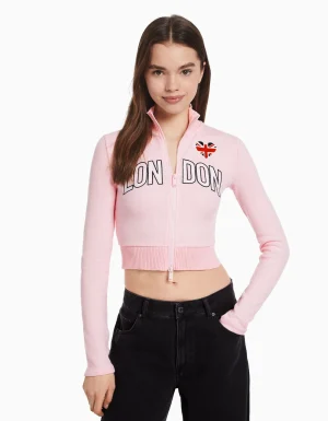 Cárdigan manga larga bordado cremallera-BERSHKA New