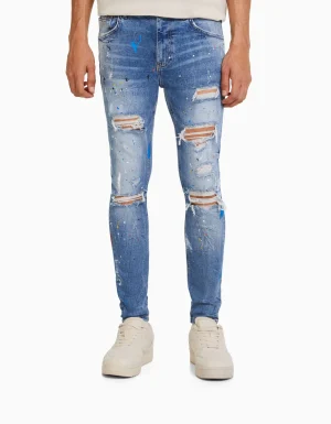 Jeans skinny rotos pintura-BERSHKA Hot