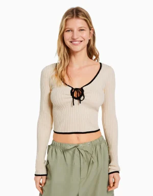 Jersey manga larga rib escote lazada-BERSHKA Store