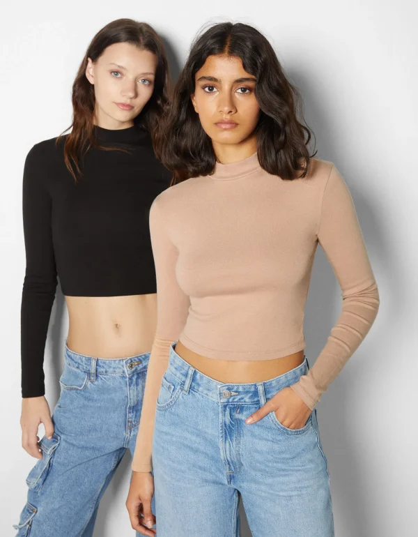 Pack 2 camisetas manga larga cuello alto-BERSHKA New