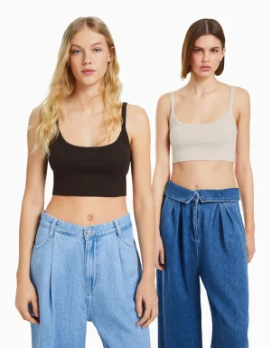 Pack 2 camisetas tirante ancho cropped-BERSHKA Online