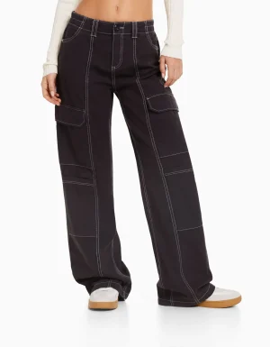 Pantalón cargo low waist algodón hilo contraste-BERSHKA Flash Sale