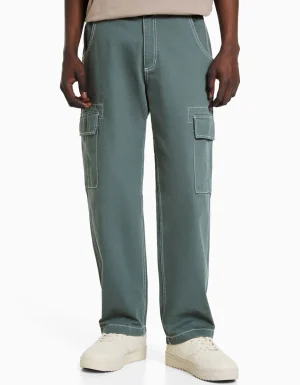 Pantalón wide cargo hilo contraste-BERSHKA Flash Sale