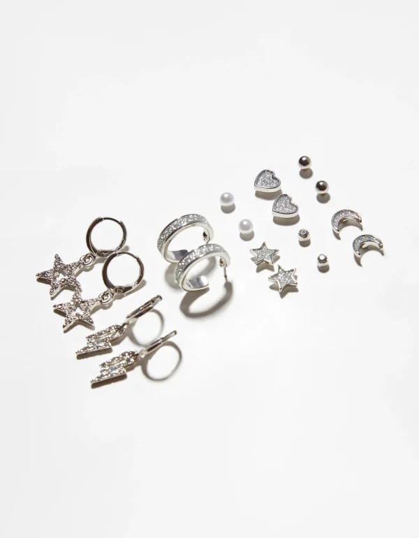 Set 9 pendientes brillo estrella corazón-BERSHKA New