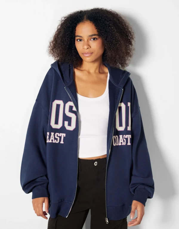 Sudadera capucha cremallera print varsity-BERSHKA Outlet