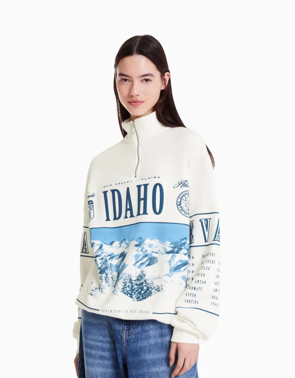 Sudadera cuello alto cremallera print-BERSHKA Outlet