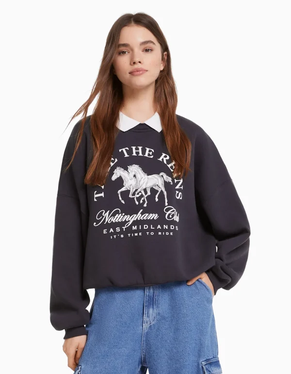 Sudadera cuello polo print-BERSHKA Shop
