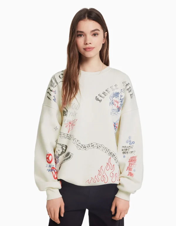 Sudadera cuello redondo print-BERSHKA Shop