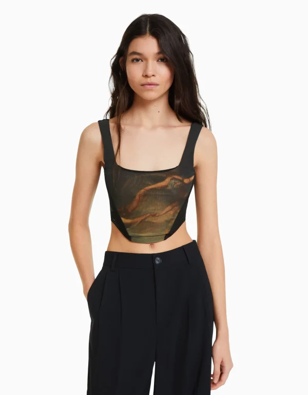 Top corsé tul print Art Series-BERSHKA Fashion
